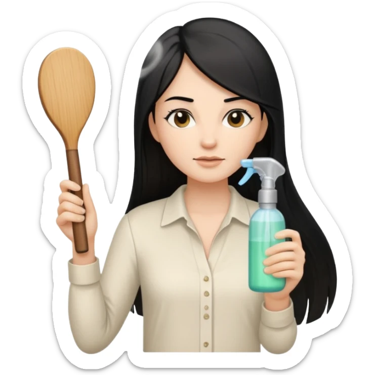 A white woman with long, straight black hair, wearing an ivory-colored shirt, holding a wooden paddle hairbrush in her left hand and spraying a hair mist bottle with her right hand toward her hair. sticker