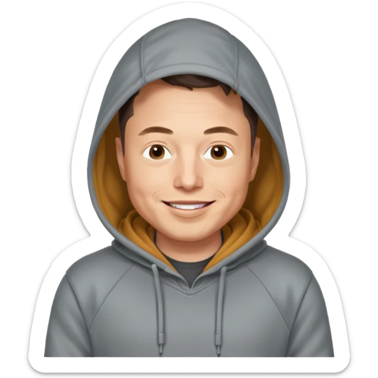 elon musk in gray hoodie full height, wear hoodie hat, happy sticker