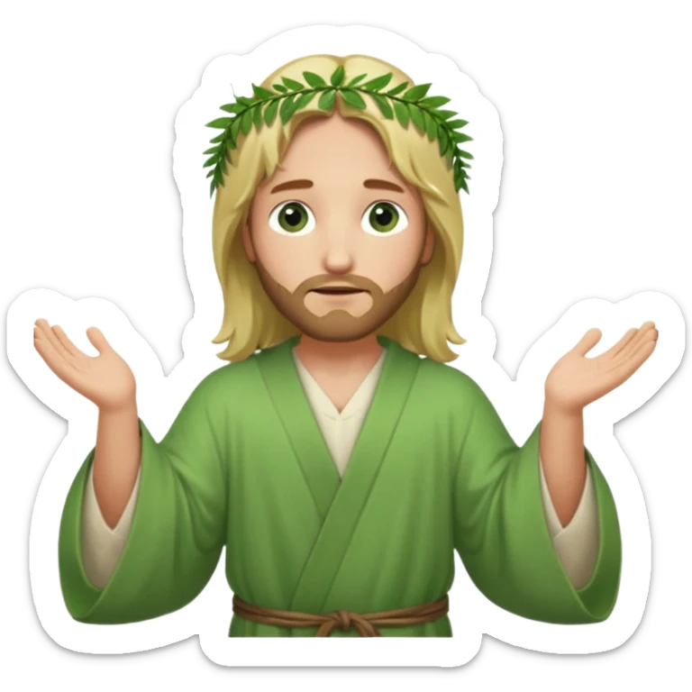 Jesus, green eyes, blonde hair, light green robe. opening arms, gazing thoughtfully. Soft light, subtle fern. Waist-up, profile. sticker