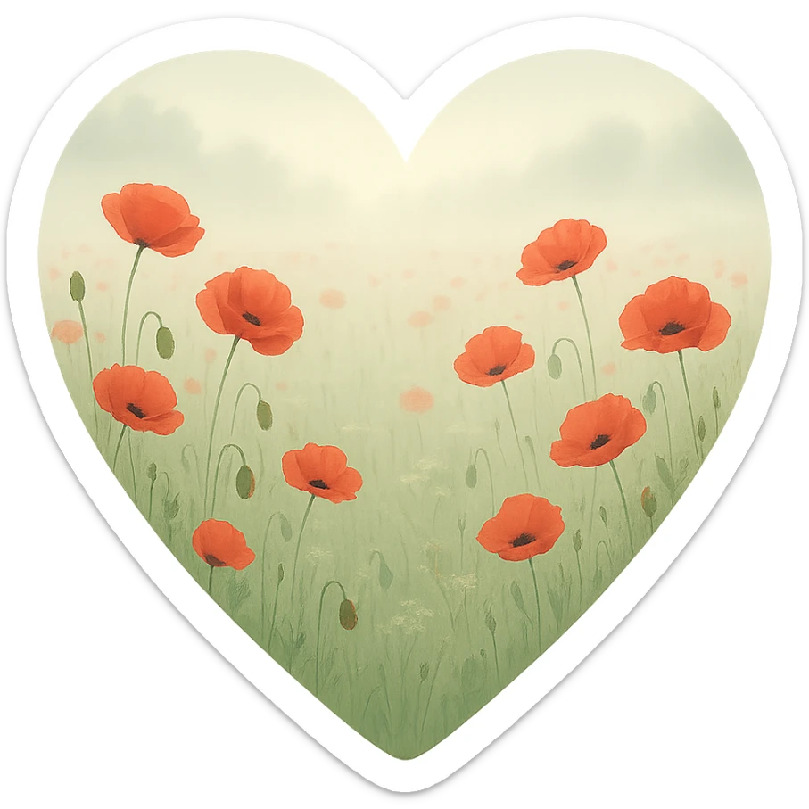 heart with a misty morning poppy field, clean digital illustration, no background sticker