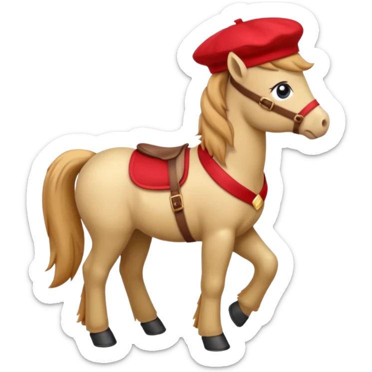 A cute pony (horse) emoji, full body, standing in side view, wearing a stylish red beret. sticker