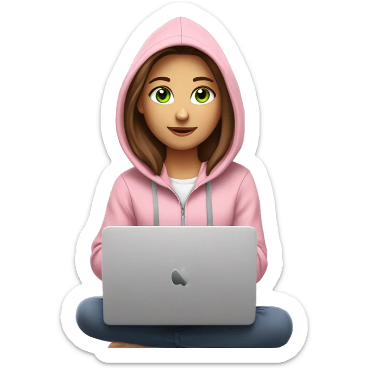 a girl with brown long hair, fair skin, green eyes, is working relaxed at a modern laptop in a monochrome pale pink zip hoodie with a hood and a pink monochrome T-shirt sticker