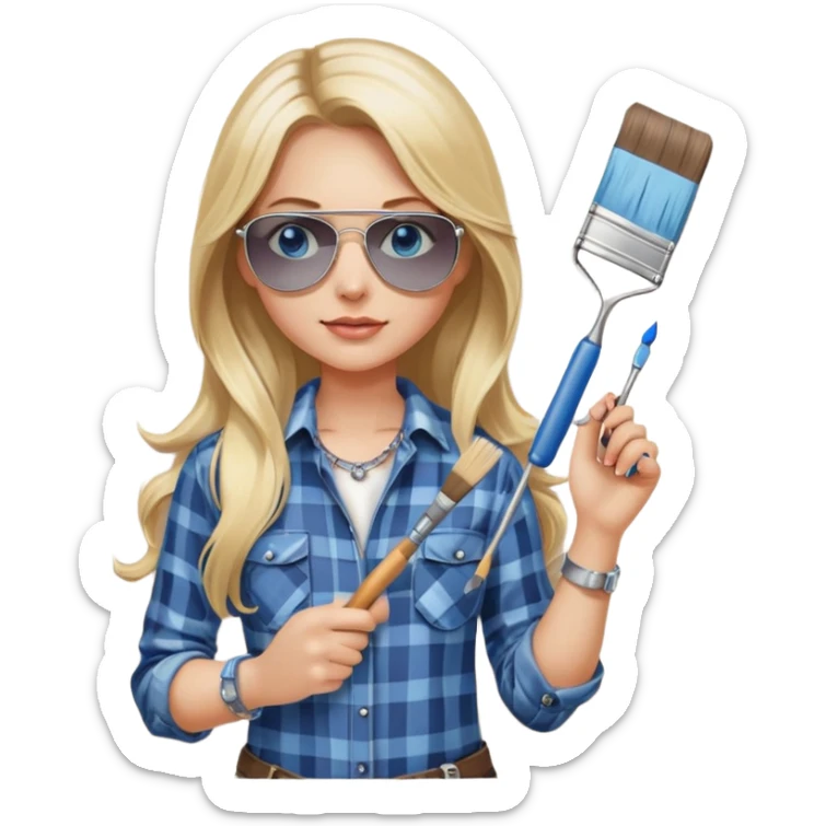 girl with long blond hair, wearing plaid shirt with blue eyes and aviator sunglasses wearing a ring on her silver necklace, holding a wall roller paintbrush sticker