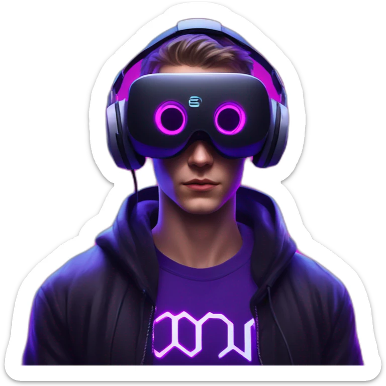Russian young man wearing a black hoodie with "OMG" letters on it and VR headset in a cyberpunk VR environment with violet neon lighting. sticker