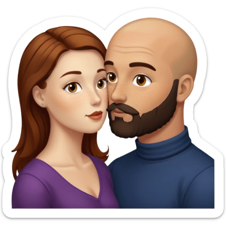 Couple. Bald man with dark brown-black beard. White woman with many small, faded freckles, she has white skin and she has auburn-brown-cinnamon, dark long hair. She has light brown eyes. The man have hazel eyes. She have light eyes. Retro style. She kisses him. Dark akademia. sticker