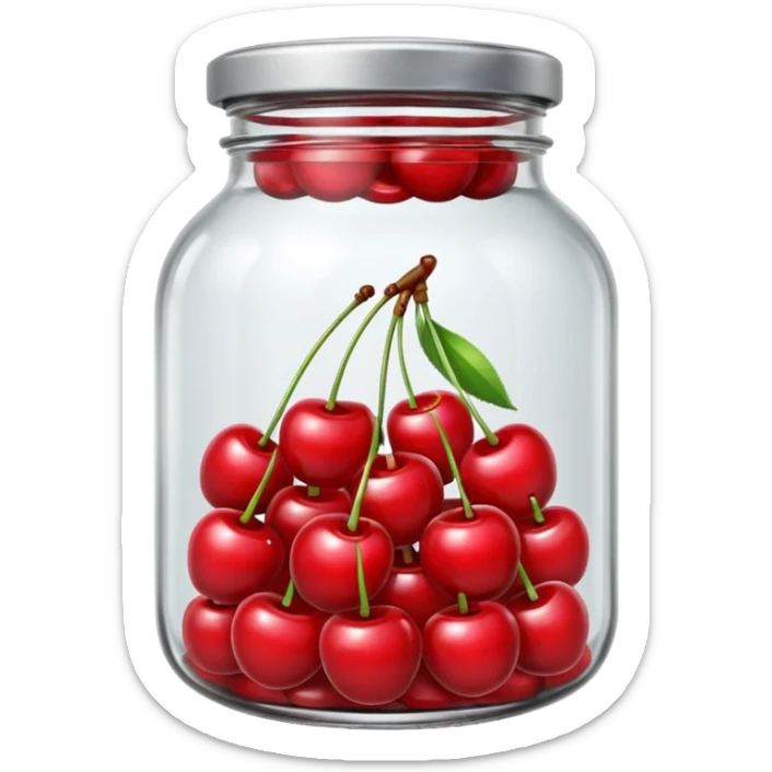 Realistic glass jar with silver metallic lid filled with maraschino cherries inside of it. sticker