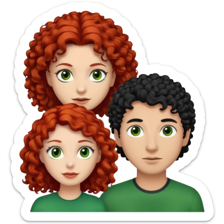 create a couple men with a red hair and browm eyes and woman with curly hair, black hair and green eyes sticker
