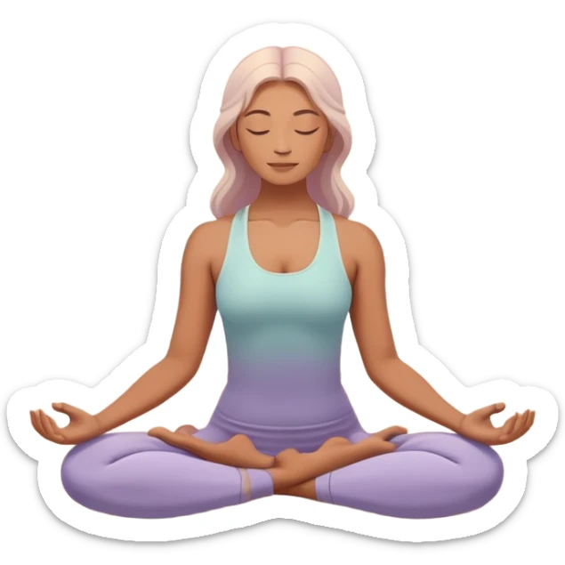 A peaceful person practicing yoga on a calm beach at sunrise, in a serene meditative pose. Soft pastel colors surround the scene, with gentle waves in the background and smooth, flowing lines representing balance and tranquility. The atmosphere feels centered and mindful. sticker