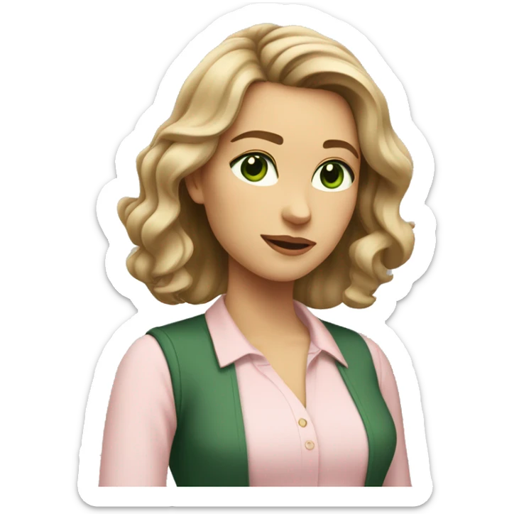A young women with shoulder length slightly wavy dark blonde hair, dark green eyes wearing a light pink blouse, looking off to the side sticker