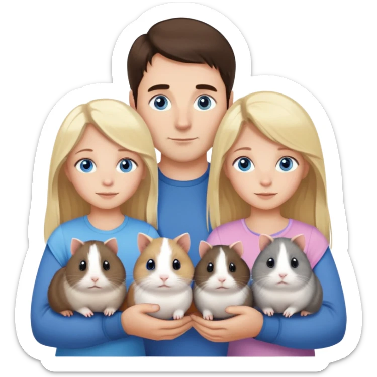 Family portrait with father with dark brown hair and blue eyes, mother with light brown hair and blue eyes, three blonde little girls with blue eyes, plus a grey cat and two guinea pigs sticker