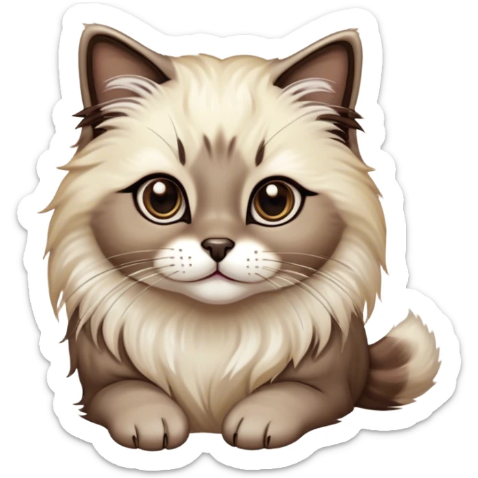 Cinematic Adorable Fluffy Brown Seal Ragdoll Cat Portrait Emoji, Head tilted elegantly with big, sparkling eyes, soft brown fur with darker seal points on the ears, face, and paws, Simplified yet regal features, highly detailed, glowing with a soft, warm glow, high shine, affectionate and playful, stylized with a touch of grace, bright and endearing, soft glowing outline, capturing the essence of a majestic and loving kitty, so elegant it feels like it could spring into motion with a regal leap! sticker