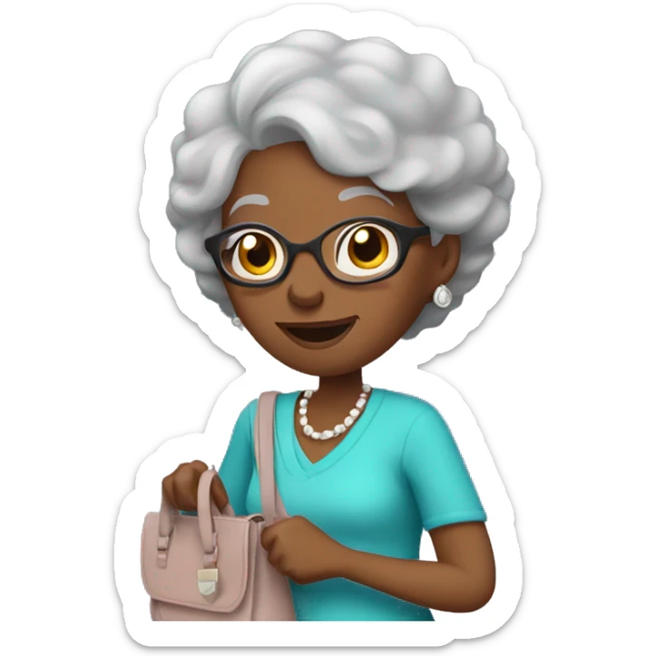 A elderly black woman with gray hair in a cute pose showing off her purse sticker