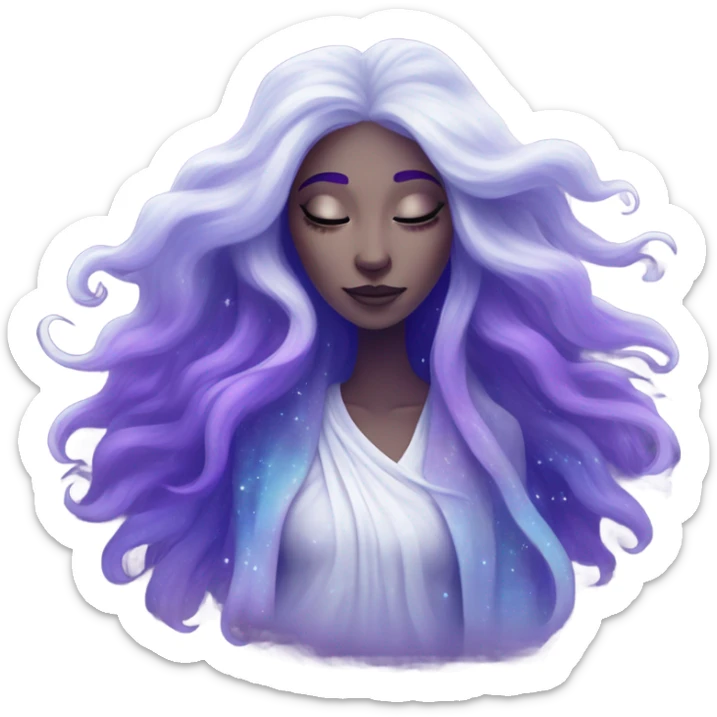 white mystical woman with sparkling galaxy hair with moon and stars in purple and blue shades sticker