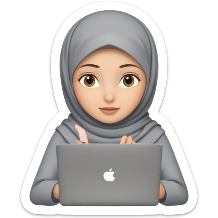 A girl wearing a gray hijab and with hazel eyes is carrying a laptop, not a laptop, just a regular laptop. Not mat bock  sticker