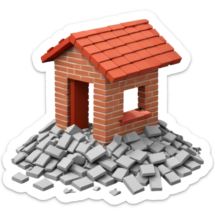 3D iPhone style emoji of a pile of bricks, roof pieces, and wall rubble, scattered and broken, isolated on white background, soft shadows, high detail, playful and cute sticker
