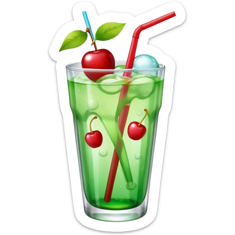 Create an emoji with a clear rounded glass, bright transparent green soda with fine bubbles, a smooth vanilla scoop, a glossy red cherry, and a red straw, using vibrant colors, soft shading, and clear glass highlights.
 sticker