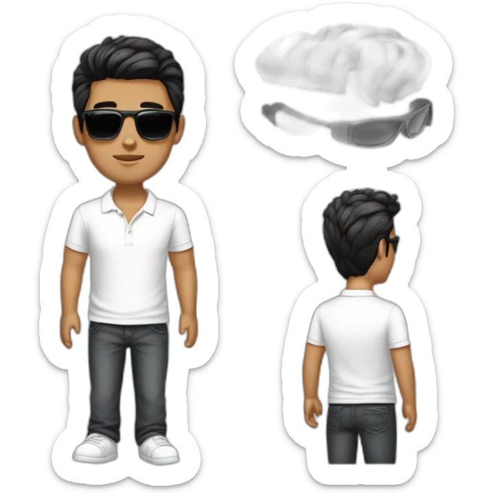 A young man,  who looks like bisnessman, wears white polo t-shirt and luxury watches. Black hair, white skin. Wears raybans. create few exemples  sticker