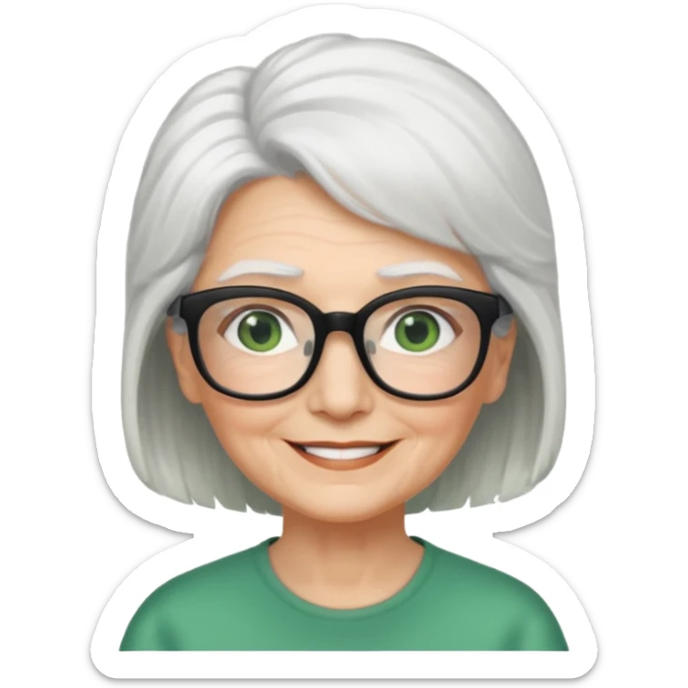 White hair grandma, green eyes, hair to shoulder, lokeg black glasses, rectangles face, smile , sticker