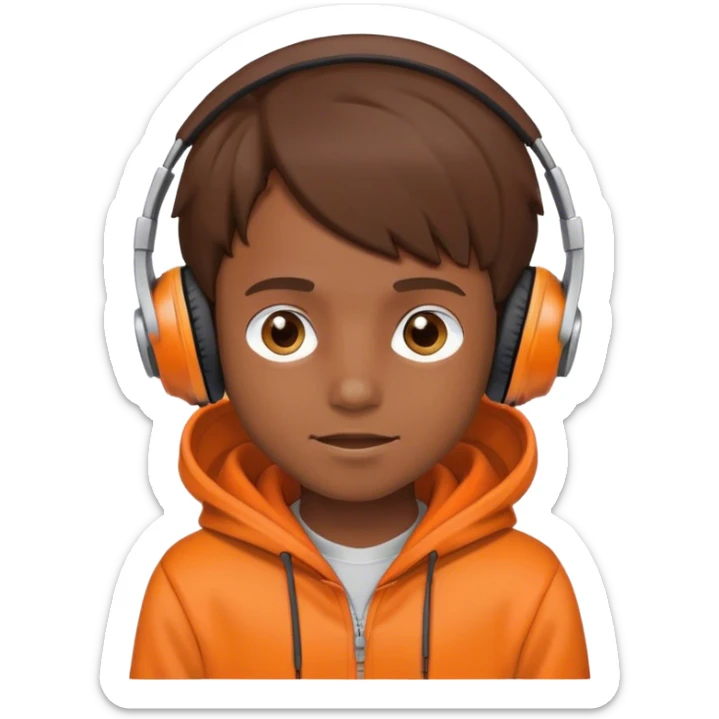 An emoji of a boy with brown hair a orange hoodie and headphones greeting sticker