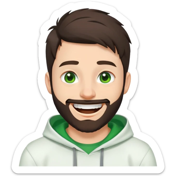 laughing guy with white hoodie, green t-shirt underneath, green eyes, dark brown undercut hairstyle and a short full beard sticker
