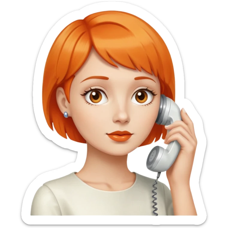 woman with short orange hair holding a vintage white phone to her ear, upper body sticker