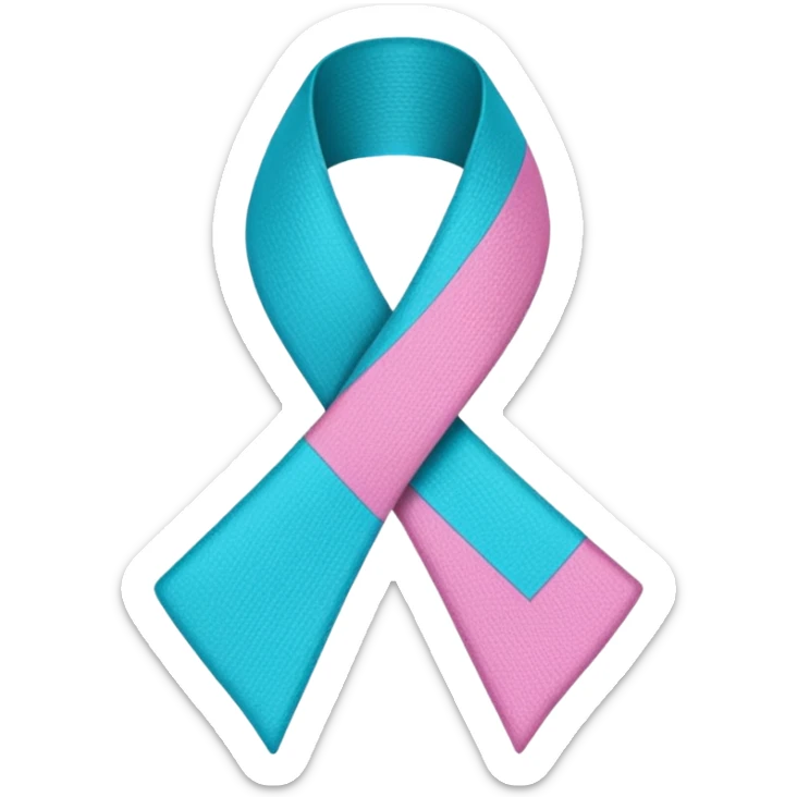 Thyroid cancer ribbon which has a blue strand, a pink strand and teal at the top where the ribbon crossed over sticker