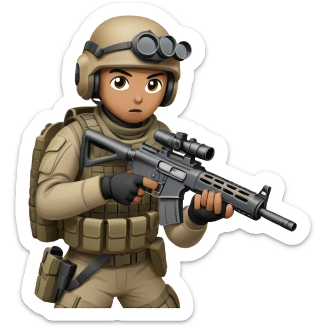 A skilled airsoft player in tactical gear, aiming a gun and shooting metal BBs in a desolate, ruined landscape. The setting is filled with broken walls and debris, creating a tense atmosphere of strategy and precision in a high-stakes tactical environment sticker