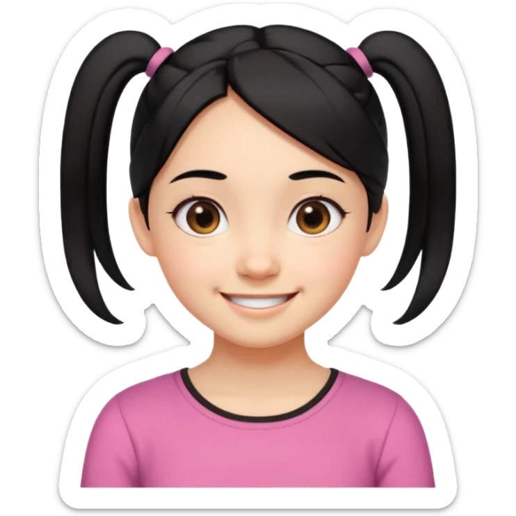 emoji-style portrait of a smiling girl with black hair parted in the middle tied into two low pigtails near the neck, round eyes, cheerful expression, soft cartoon features, head and upper shoulders, clean lines, minimal white background, vibrant and simple sticker