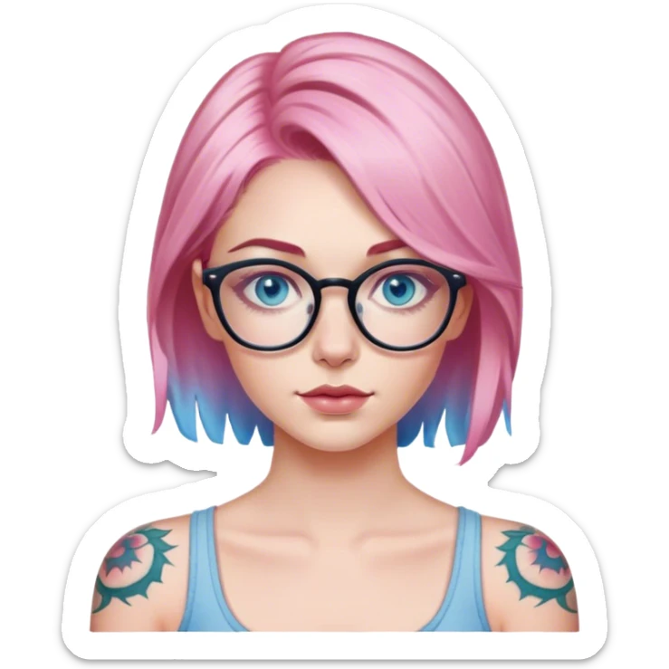Hyper Realistic edgy model, pale woman, pink balayage hair, blue eyes and glasses, shoulder tattoo  sticker
