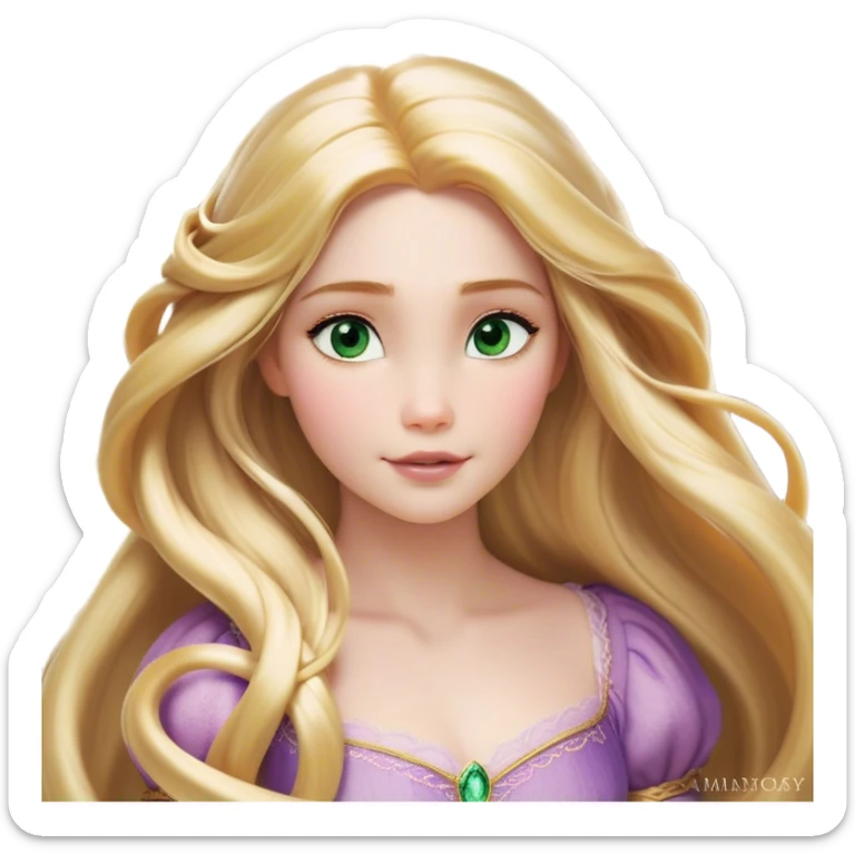 Cinematic Realistic Rapunzel Portrait, with porcelain-like skin featuring a subtle, natural glow, illuminated by soft lighting that brings out the gentle contours of her face. Her long, golden blonde hair cascades in detailed waves, each strand highlighted with a radiant shimmer as it catches the light. Her bright, expressive green eyes exude curiosity and warmth, framed by delicate lashes and soft, arched brows. Her expression is playful and vibrant, with a gentle smile. She is dressed in her classic lavender and pink gown, the fabric textured with delicate folds that flow naturally, catching the light with a soft, radiant glow. The portrait captures a luminous, enchanting aura, seamlessly blending realism with a whimsical, fairytale charm, evoking a timeless sense of beauty and magic. sticker