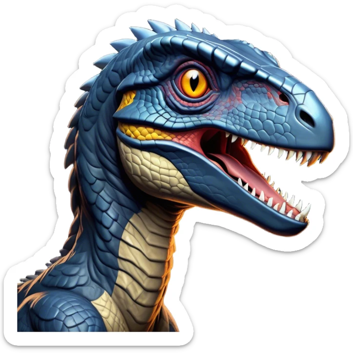 Cinematic Noble Jurassic Velociraptor Portrait Emoji, Poised and menacing, with a sleek, muscular build clad in dark, scaly skin reminiscent of Jurassic Park’s iconic raptor, a sharply curved snout and piercing, intelligent eyes that exude predatory cunning, Simplified yet boldly defined features, highly detailed, glowing with a cool, ominous radiance, high shine, intelligent and relentless, stylized with an air of cinematic prehistoric authority, focused and alert, soft glowing outline, capturing the essence of a watchful and confident Jurassic Velociraptor that appears ready to dash out of the screen with effortless power! sticker