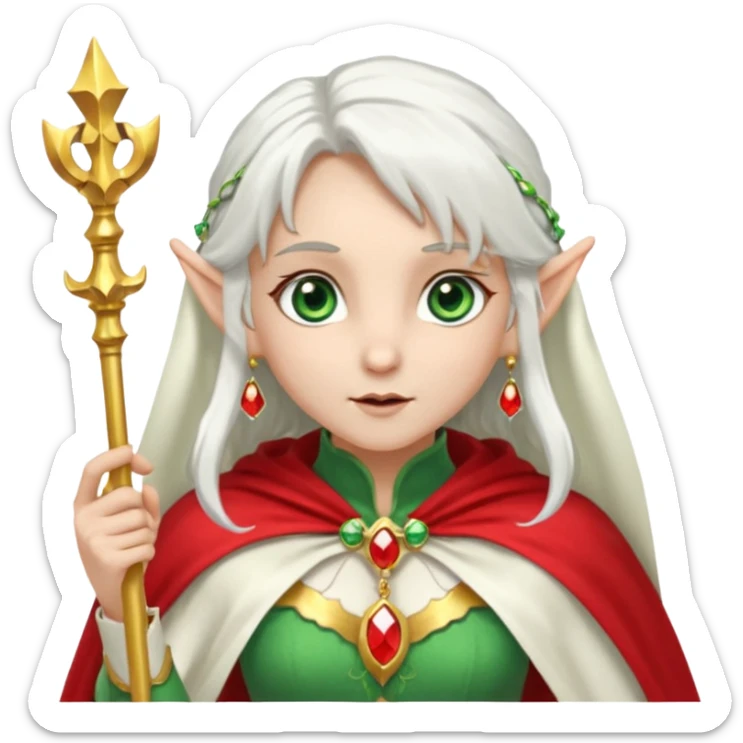 an elf with very white hair and two long PONYTAILS on the side of her head, she has a curtain bang, green eyes, she has a white cape with golden borders and a scepter with a red orb, she has earrings that look like red drops sticker
