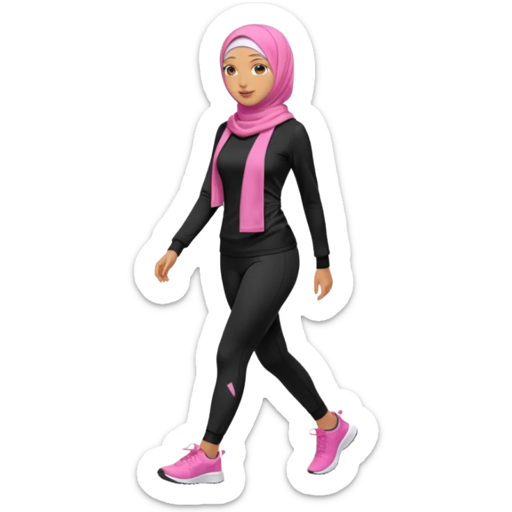 tan skin, hijabi young women in pink hijab, going for walk in black active wear clothing full body, walking  sticker