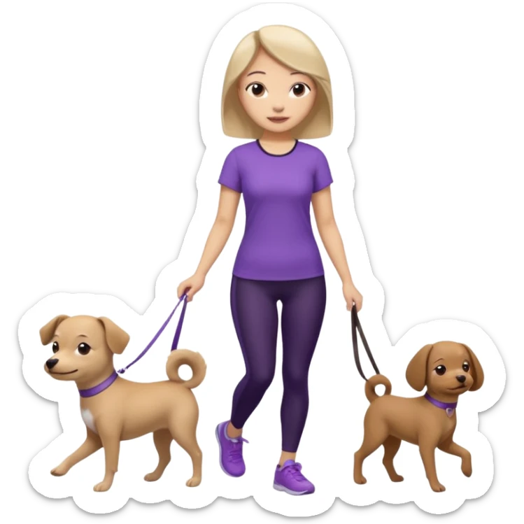 Chinese woman wearing purple top and black leggings walking 1 small brown dog sticker
