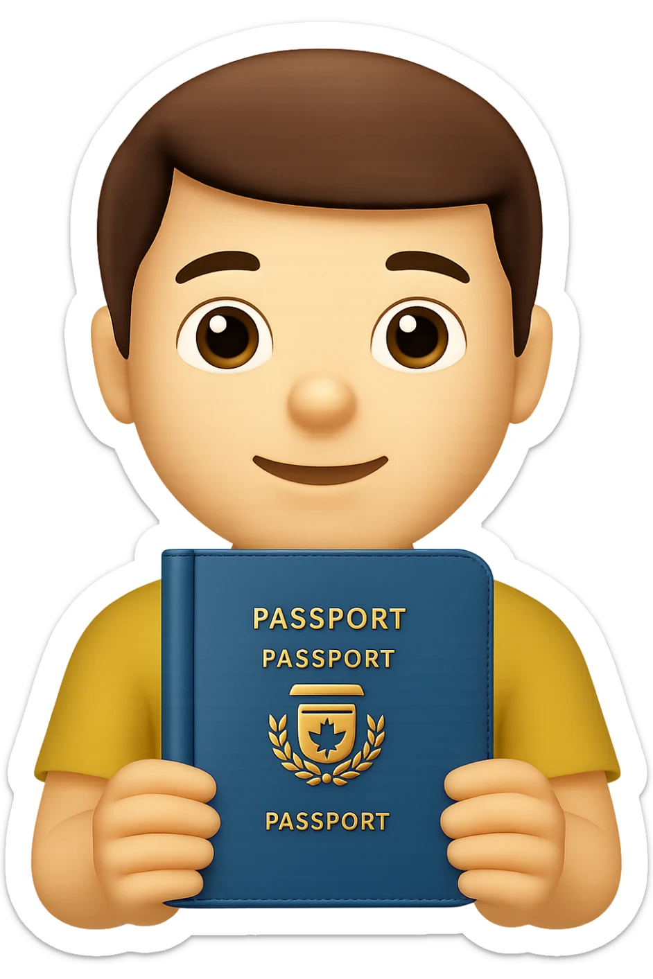 Add a face and a bit of the body of a little person holding a passport in hands, in the style of Apple emoji, with a transparent background. The style should resemble Apple emoji style as closely as possible. sticker