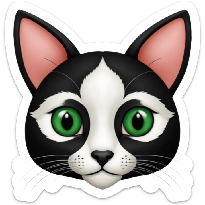 Haz una gata de ojos verdes la cara blanca con mancha negra en las orejas que agarra parte de la frente del lado der pero del iz va desde el ojo hasta la oreja la mancha, tiene la nariz negra en forma de corazón y todo lo que sobra de la cara, barbilla la nariz arriba y el lado de bigotes es blanca sticker