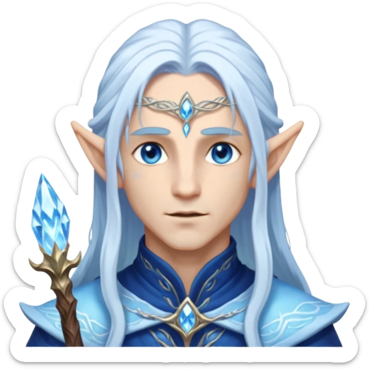 Legendary fantasy Christmas elf portrait icon, Santa Claus and Snow Maiden inspired, ancient winter spirit style, long flowing white-blue hair, glowing frost eyes, crystal staff, elegant elven features, divine winter magic aura, icy silver color palette, highly detailed but clean emoji icon male sticker