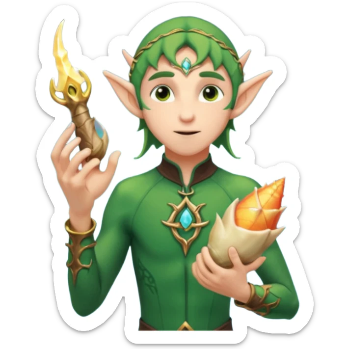 elf male Short wetsuit-style garb, glowing runes on skin, holding a conch horn. sticker