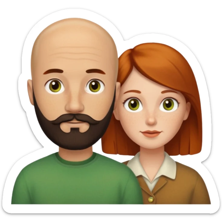 Couple. Bald man with dark brown-black beard. White woman with many small, faded freckles, she has white skin and she has auburn-yellow-brown-cinnamon, dark hair. She has light orange-brown eyes. The man have hazel eyes. They like green. Retro style. sticker