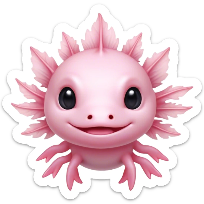 Cinematic Cute Axolotl Portrait Emoji, Head tilted playfully and inquisitively, featuring smooth, pale pink skin with delicate feathery gills and round, sparkling dark eyes filled with curiosity, Simplified yet irresistibly adorable features, highly detailed, glowing with a warm, magical glow, high shine, affectionate and quirky, stylized with a touch of whimsy, bright and endearing, soft glowing outline, capturing the essence of a mischievous yet charming aquatic friend, so playful it feels like it could swim out of the screen and into your heart! sticker