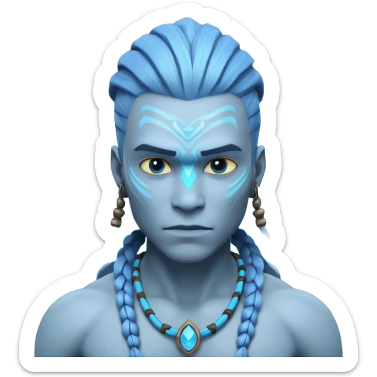 avatar-style Na’vi male portrait, head and shoulders only, blue skin, bioluminescent markings, strong face features, braided hair, tribal necklace, heroic expression, 3D cartoon, mobile game icon style, clean background, no text, no watermark
 sticker
