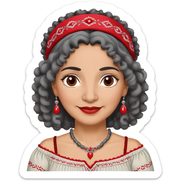Latina woman, about 55 years old, slightly darker warm brown skin, round soft face, curly black and gray hair, red and white headband, medium eyes, thin eyebrows, gentle smile, gray peasant blouse with embroidery, bare shoulders, large dark necklace sticker