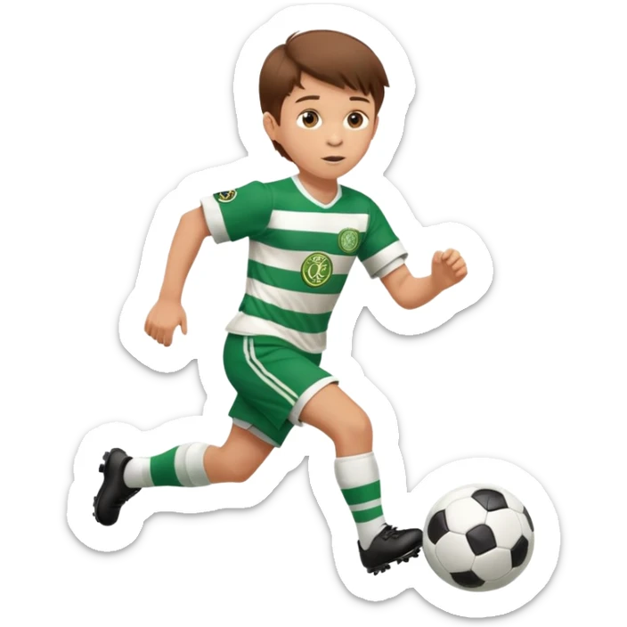 Celtic footballer jersey logo  6 years old brown hair white boy , stripes uniform , RUNNING  with soccer ball # 17 celtic football logo PUT ONLY ONE LOGO sticker
