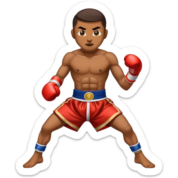 Cinematic Realistic Muay Thai Pop Culture Emoji, depicted with an action-packed portrayal of traditional Thai boxing rendered with bold textures and energetic, dramatic lighting. sticker