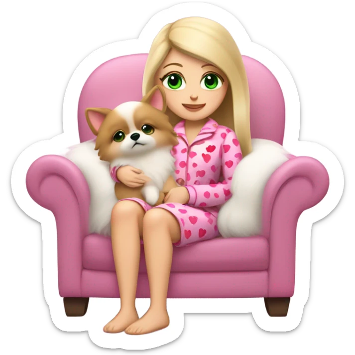 Girl blonder long hair mauve pink plump lips green eyes sitting in cozy chair wearing red and pink heart design on pjs holding a white Pomeranian sticker