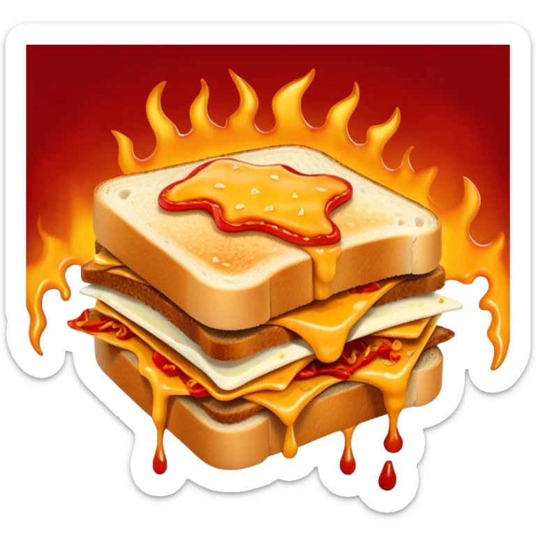 extra spicy sucuk sandwich object icon, crispy toasted bread, lots of spicy sucuk slices, dripping melted cheese, hot chili sauce, red pepper flakes, spicy steam effect, 3D cartoon, mobile game icon style, clean background, no text, no watermark
 sticker