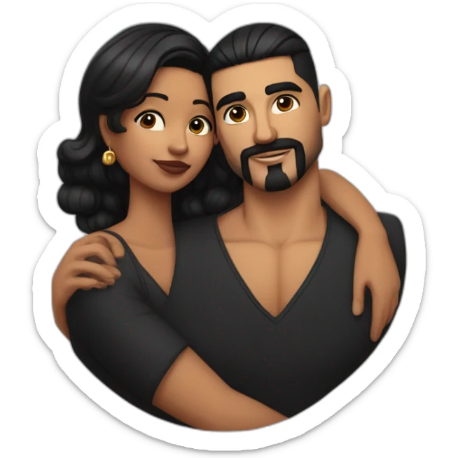Very short haircut hair latino man with skin fade, detailed moustache and beard, cuddling a black woman with straight black hair and big earrings sticker