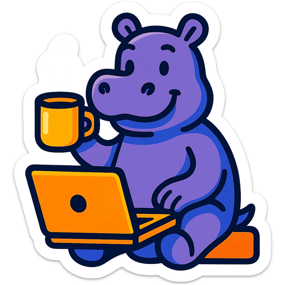 A cartoon hippo sitting at a laptop, drinking coffee, vibrant colors, playful style sticker