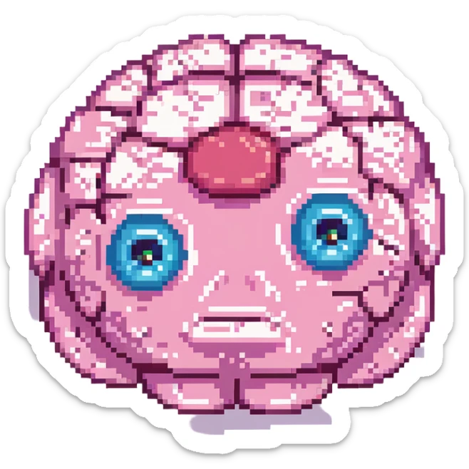 16-bit pixel art of a pink brain-shaped blob with sad droopy eyes and downturned mouth, smooth rounded brain texture, simple retro gaming style sticker