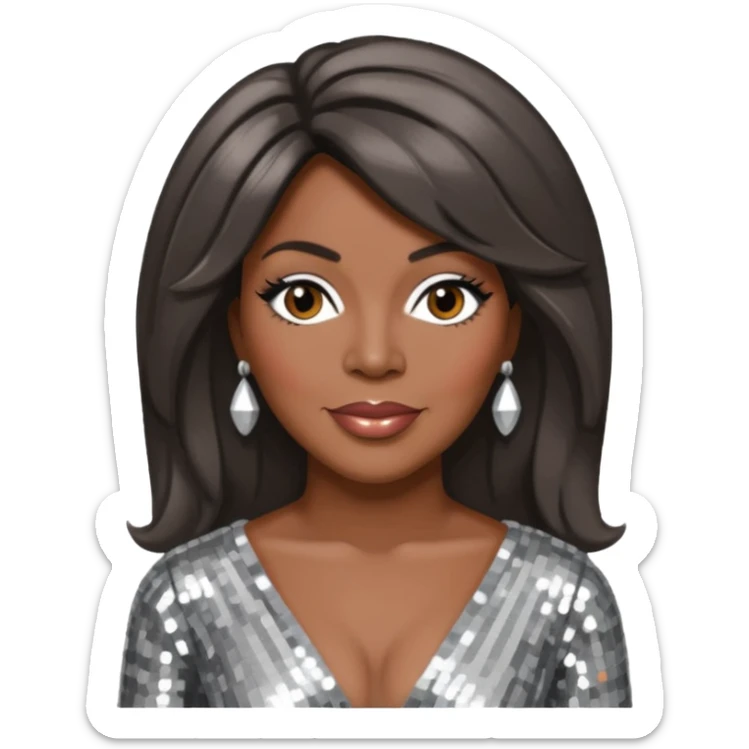 Mary Wilson from The Supremes with dark brown hair, silver outfit sticker